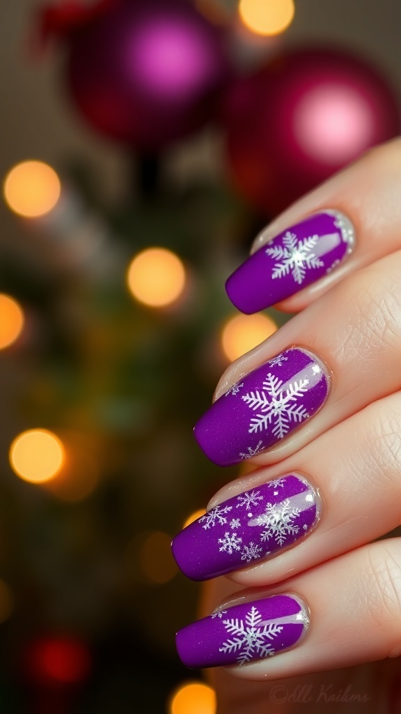 Short Purple Christmas Nail Art Short purple Christmas nails with snowflakes and glitter on a festive background.